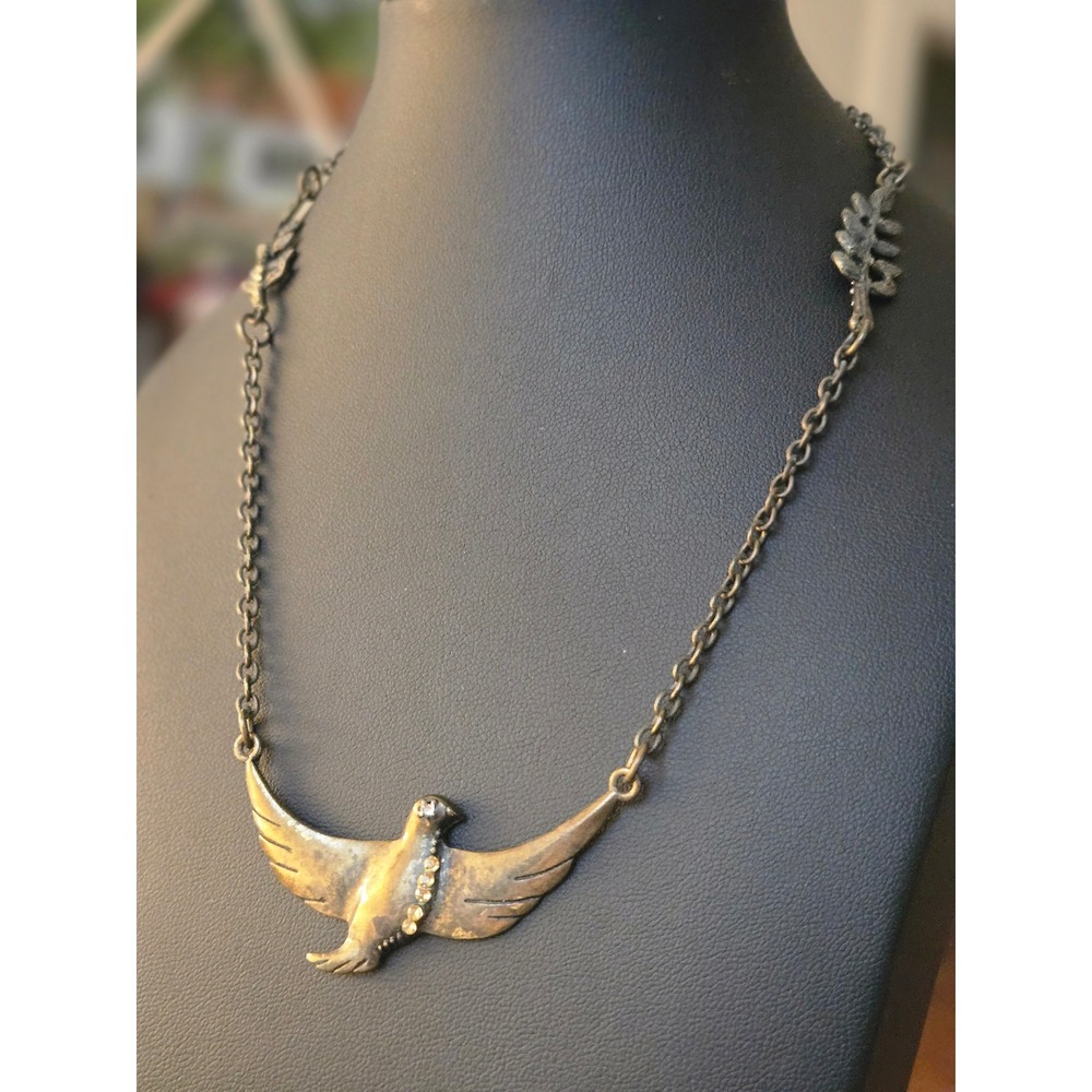 Bird Necklace Antiqued Rhinestones Vintage